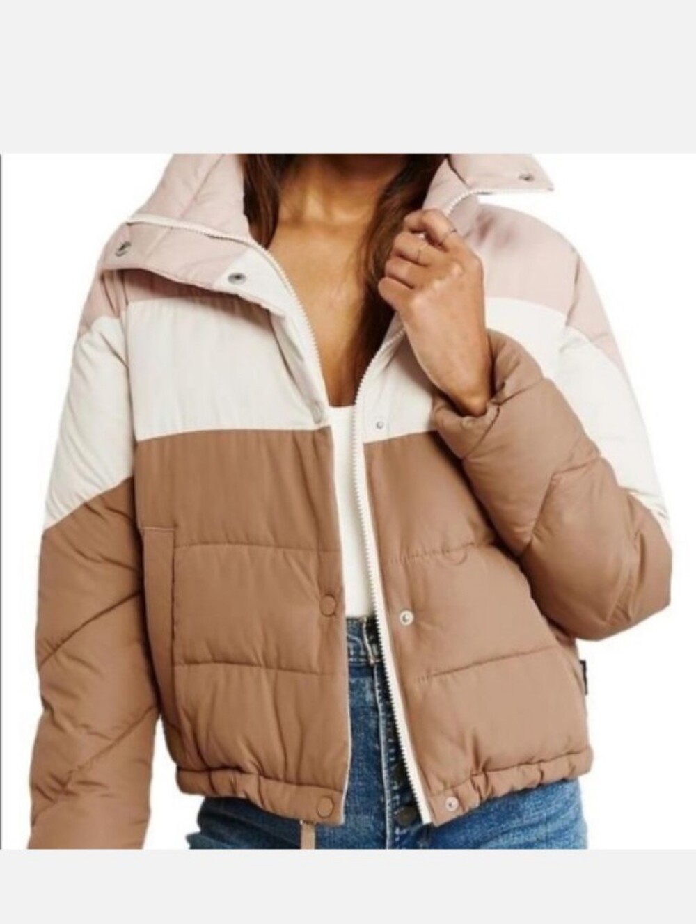 Abercrombie & Fitch Beige, White & Light Pink Colorblock Puffer